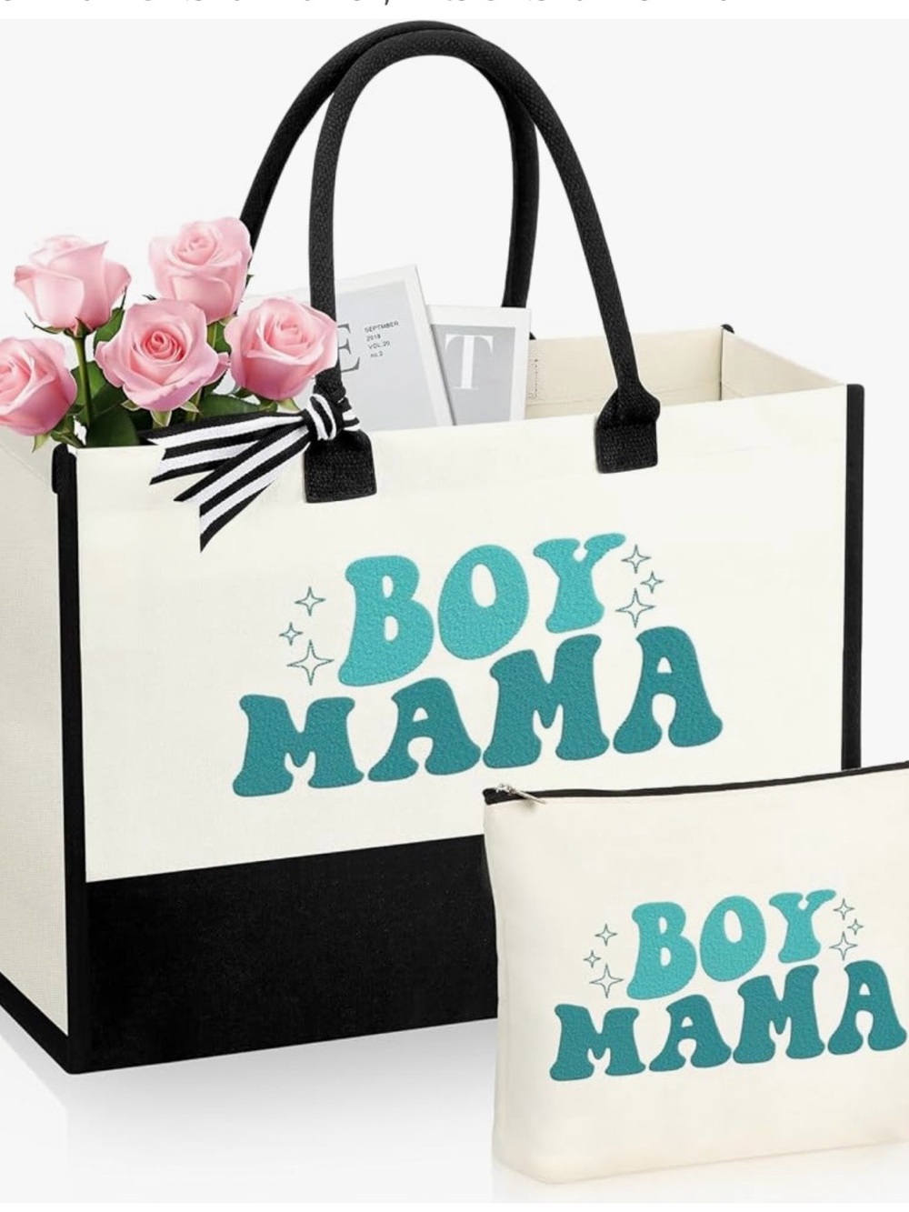 Boy Mama Canvas Tote and Pouch - Cream & Teal